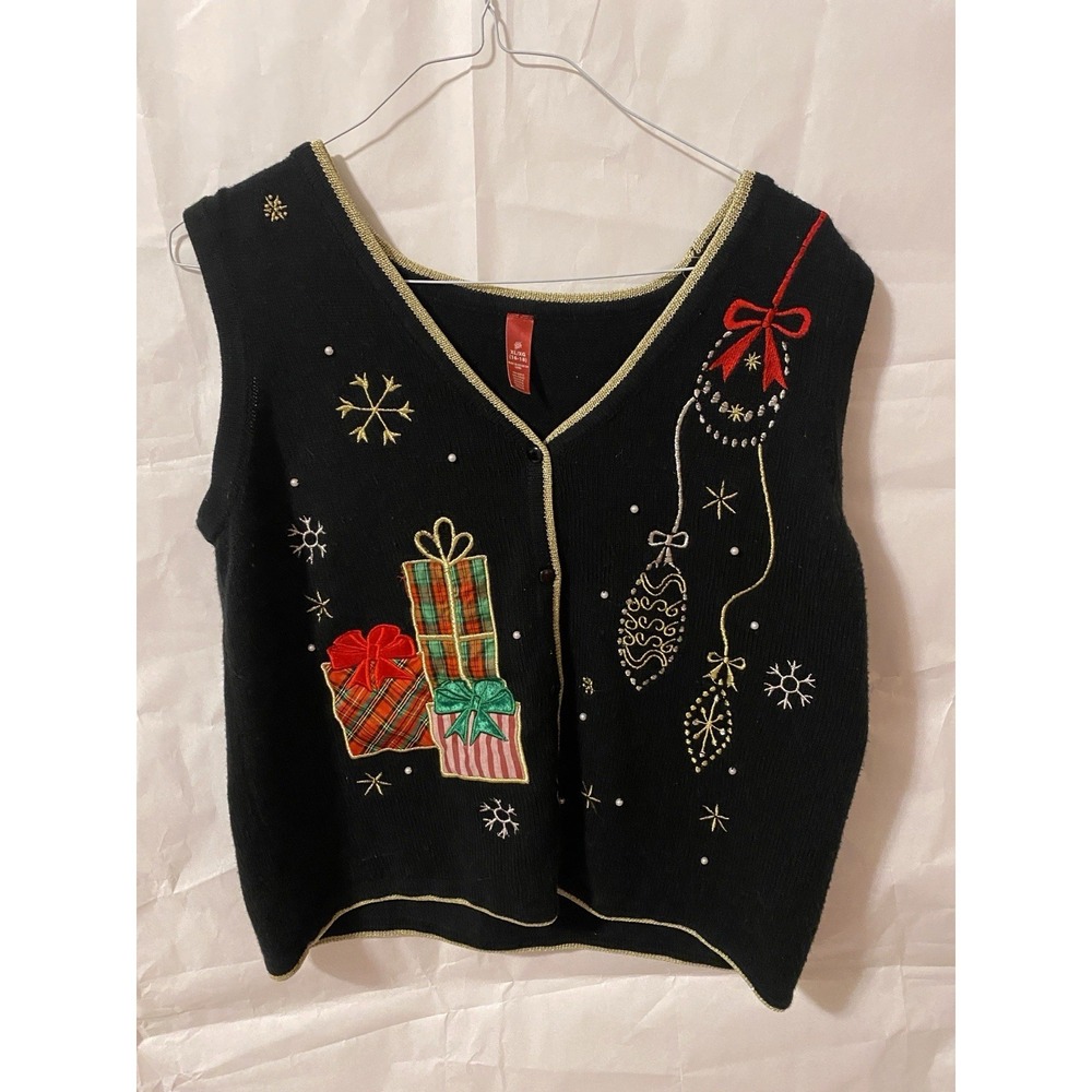 Women's Christmas Sweater Vest Embroidered Front Button-Size XL